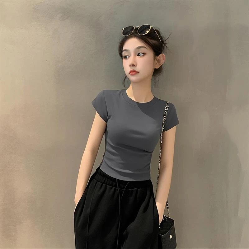 2025新款夏季烟灰色短袖T恤女小袖针织螺纹修身正肩半袖小众上衣