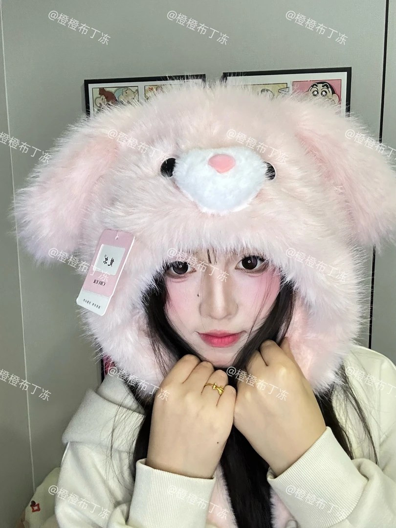 耳朵会动~兔耳朵毛绒帽女冬季可爱加绒加厚保暖防寒护耳雷锋帽子