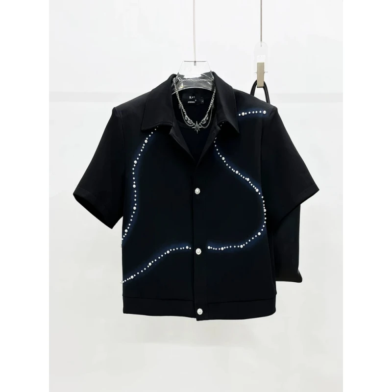 夏季新款小众高级感喷绘钉珠装饰短袖夹克外套男痞帅宽松短款上衣