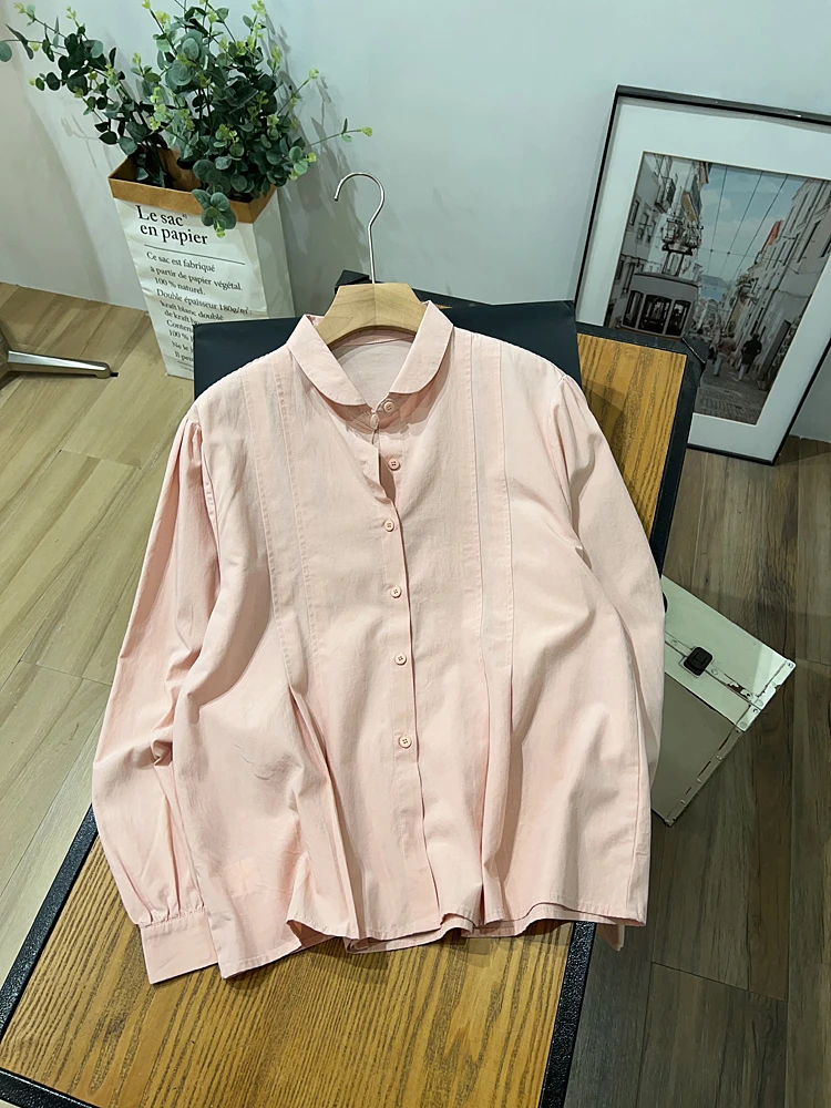 文艺复古纯色娃娃领长袖衬衫女春季新款温柔减龄显瘦百搭休闲上衣