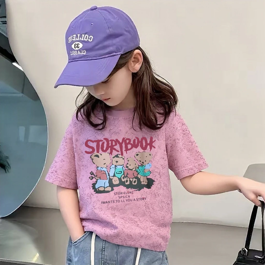 【莞莞妈】卡通女童夏季印花扎染女童短袖宽松型休闲风T恤女孩通