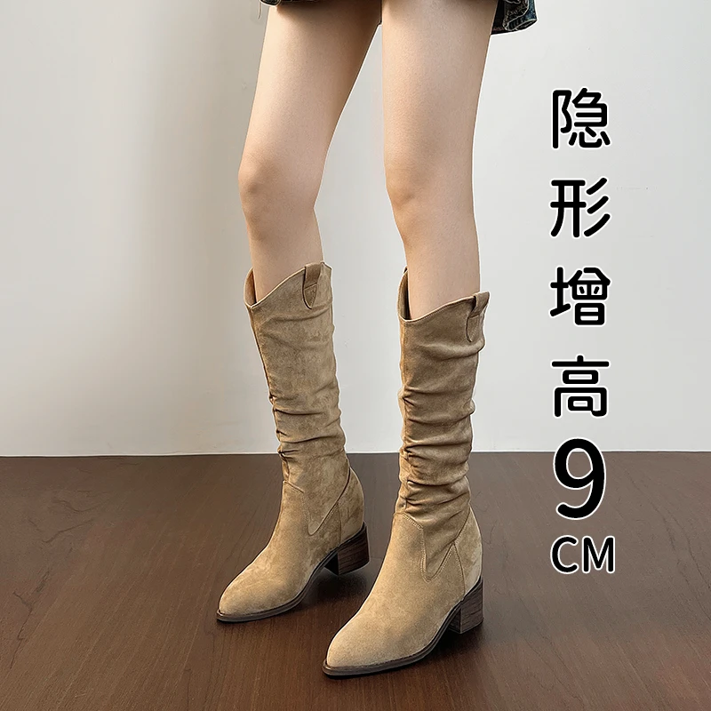内增高小个子长筒靴女2025新款复古高筒骑士靴尖头显瘦褶皱堆堆靴