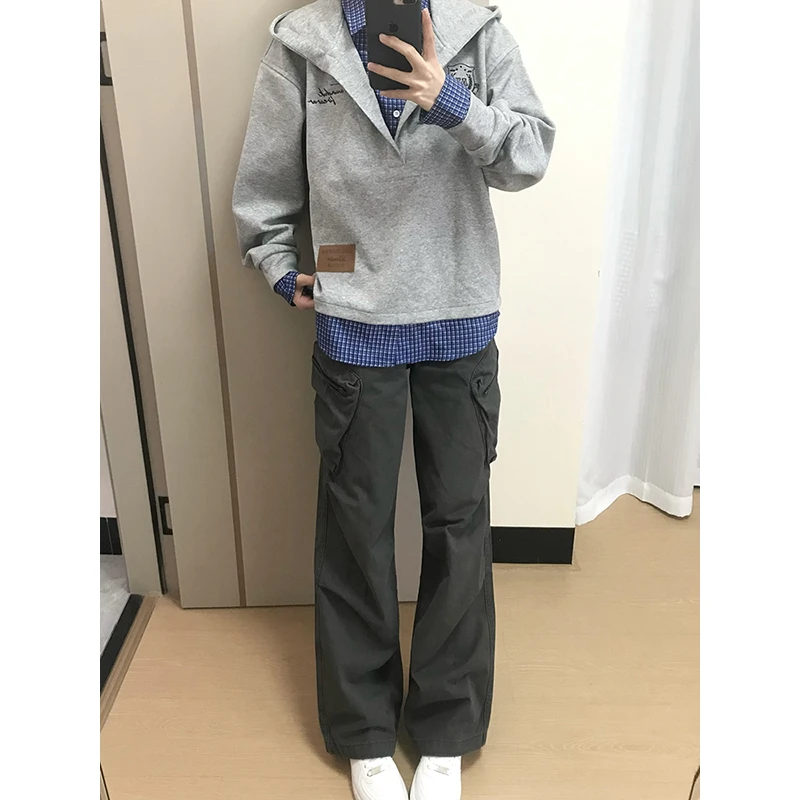 美式松弛感V领假两件格子连帽卫衣秋季学院风高级感情侣宽松外套