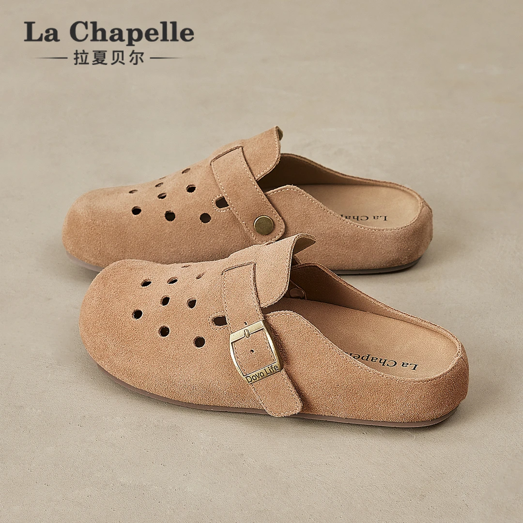 拉夏贝尔厚底包头拖鞋女冬季外穿2025新款镂空透气真皮勃肯半拖鞋