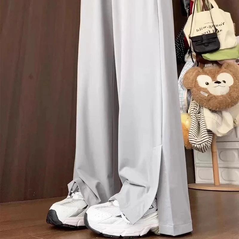 2025新款冰丝灰色开叉防晒裤女显瘦夏季薄款休闲运动小个子阔腿裤
