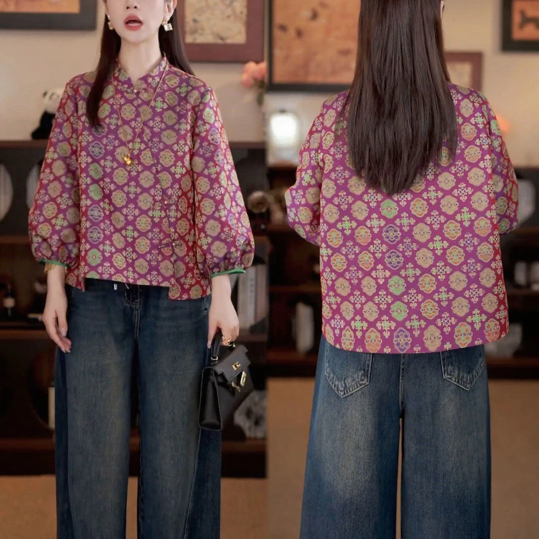 时尚新中式百搭休闲上衣2025秋季新款洋气显瘦设计感印花长袖小衫