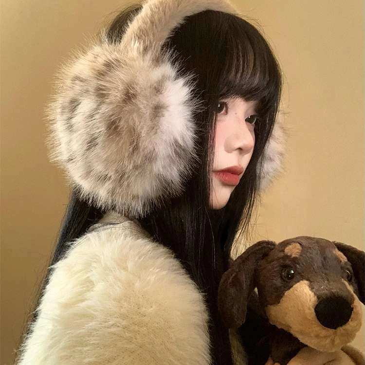 豹纹毛绒耳罩女冬季毛茸茸耳包耳套骑车防冻防寒保暖耳暖耳捂子