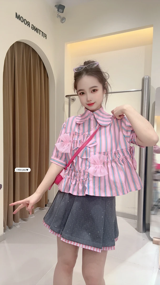 大观欧货拼接斜领成人长袖条纹衬衫休闲衬衣格子洋气女装设计感