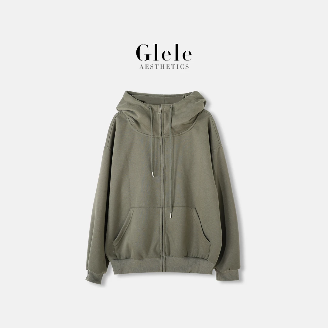 Glele私服「素颜大外套」重磅拉链连帽卫衣开衫女宽松慵懒外套