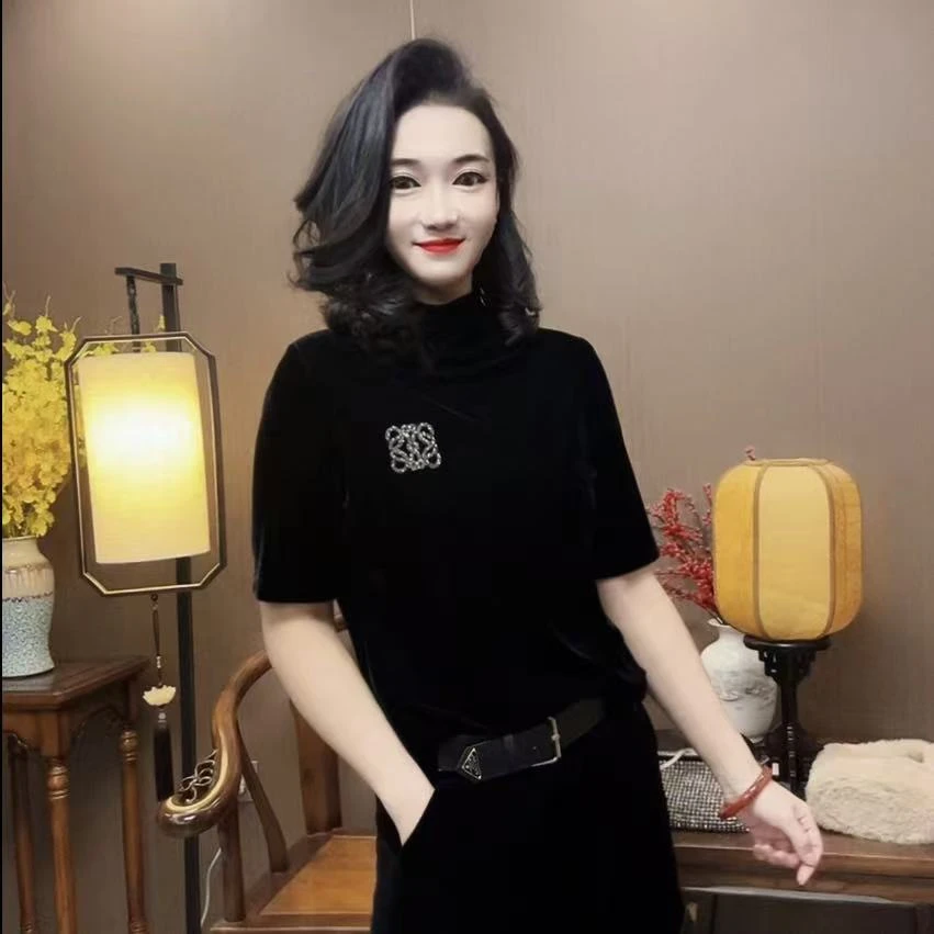 【峰姐优品】寸领方钻弹力绒半袖【NY】910