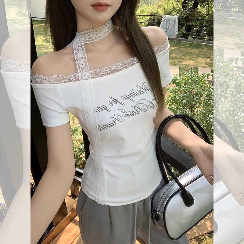 韩系纯欲风斜肩一字露肩褶皱短袖T恤女夏季新款蕾丝飘带收腰上衣