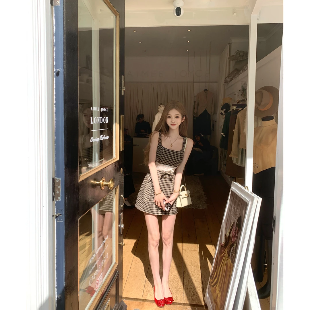 波恩画报 方领格子连衣裙女夏设计感拼接蕾丝蝴蝶结裙子显瘦气质