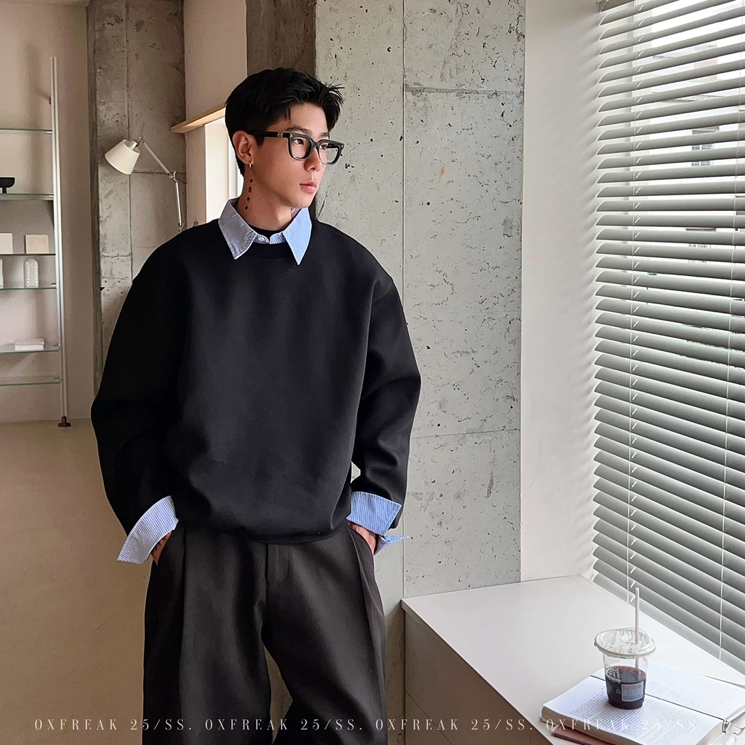 OXFREAK「高智感 衬衫领」500g重磅假两件翻领卫衣男宽松韩系长袖