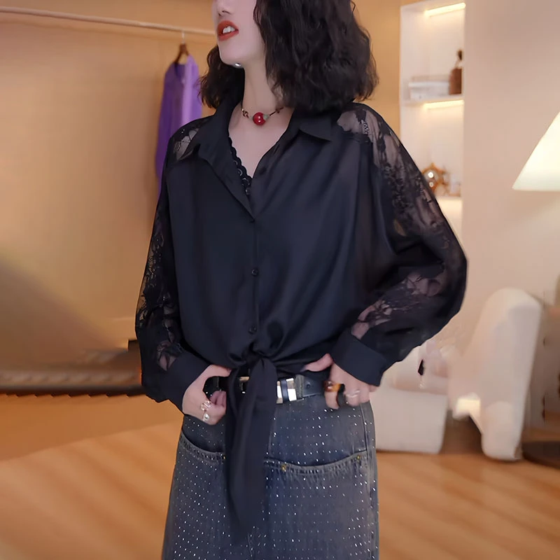 蕾丝黑色衬衫女2025秋季新款时尚洋气减龄设计感别致雪纺小衫上衣