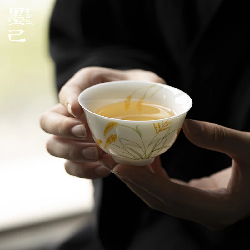 墨己玉泥金穗摇曳麦穗主人杯功夫茶具陶瓷茶杯大号家用喝茶碗杯