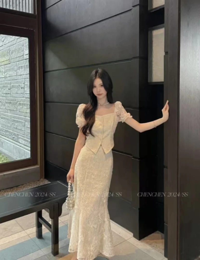 修身气质法式蕾丝高腰裙套装开叉法式裙子时尚套装两件套收腰