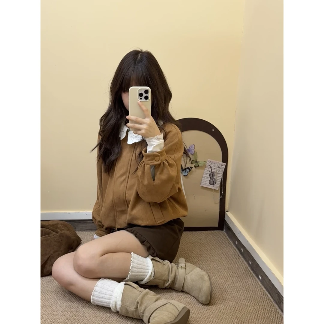 复古美拉德麂皮绒花苞外套女秋季新款韩系氛围感穿搭宽松夹克上衣