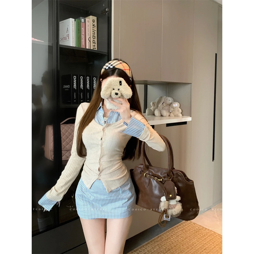 红人馆假两件衬衫女秋季高级感chic别致上衣法式修身显瘦针织衬衣