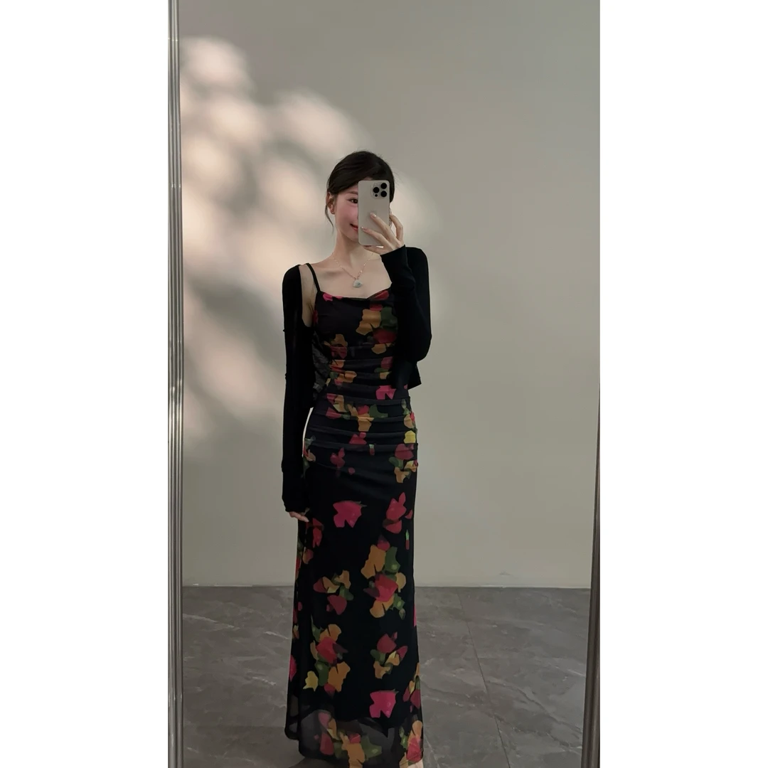 【颂宋】夏季新款印花百搭复古修身开叉包臀时尚吊带连衣裙DT1193