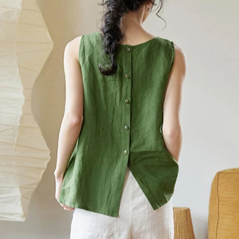 复古苎麻纽扣吊带内搭背心女夏无袖亚麻T恤上衣