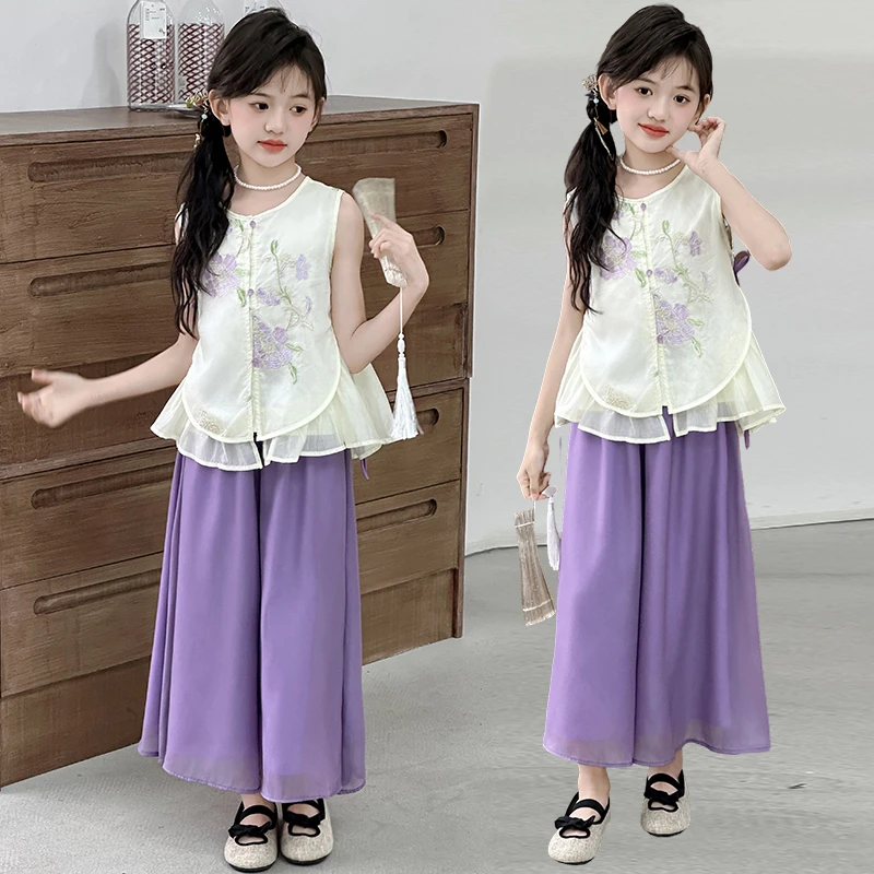 女童夏装套装2025新款洋气儿童新中式无袖背心中大童阔腿裤两件套