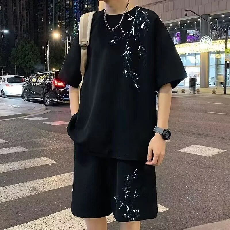 新中式国风冰丝短袖T恤男士套装夏季潮牌潮流帅气穿搭一整套衣服