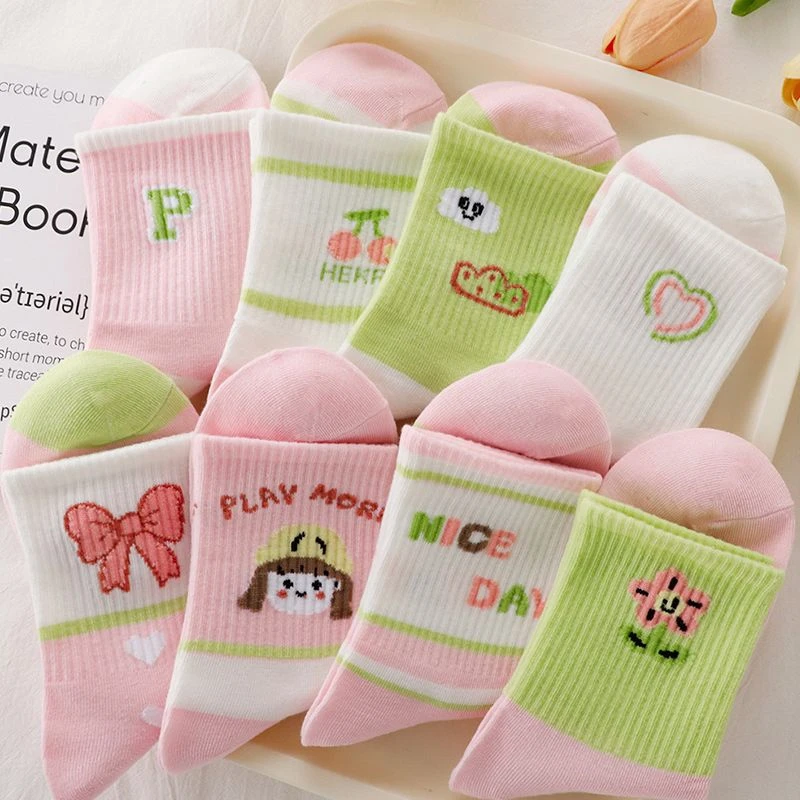 【5双】儿童袜子女童春秋中筒可爱类棉卡通粉色中大童透气初中生女J