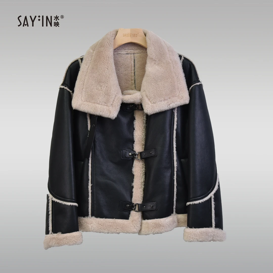sayin/水映【皮草外套】中长款绵羊毛加绒机车皮毛一体外套 pc9280