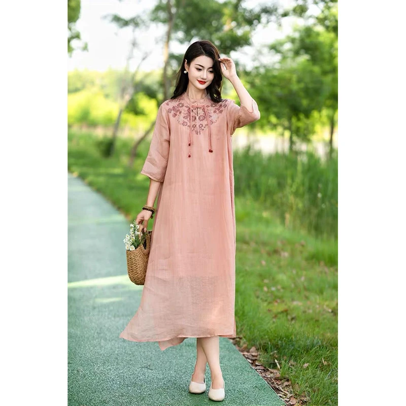复古大码双层苎麻内里包边刺绣盘扣流苏中长款直筒连衣裙