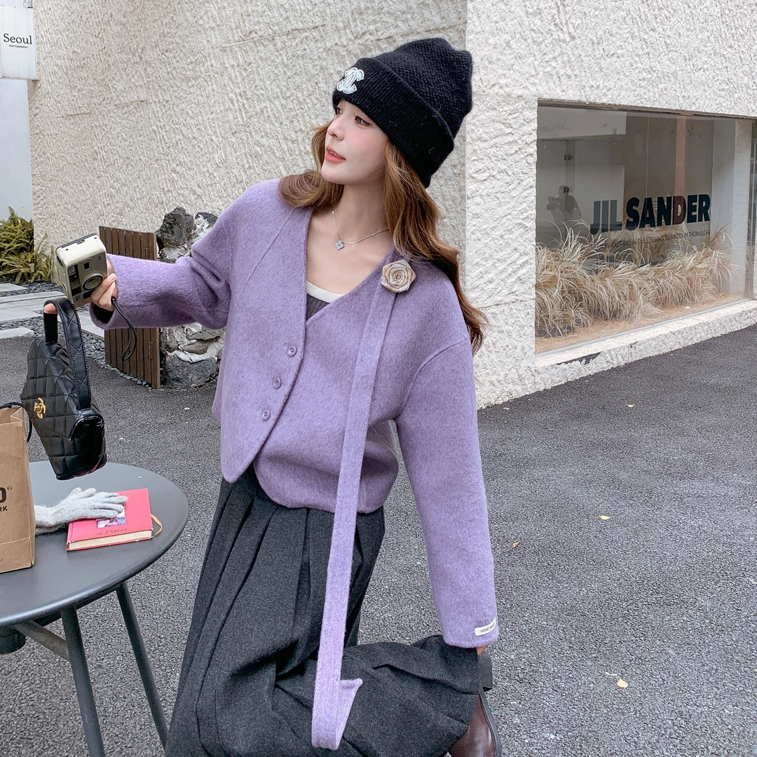 紫色法式小香风双面呢短外套女2025冬季氛围感减龄甜美风呢子上衣