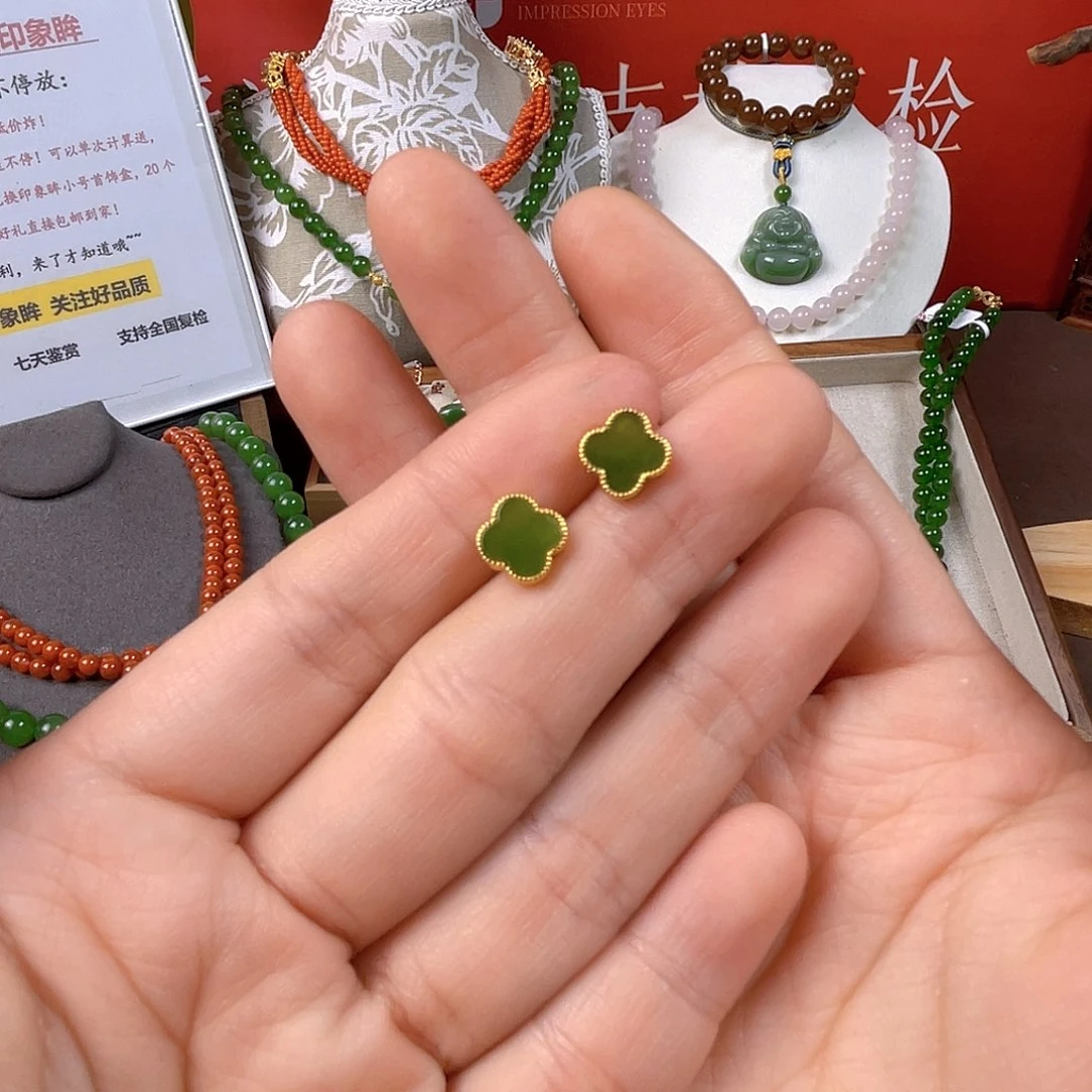 和田玉银S925镶嵌耳饰Jx