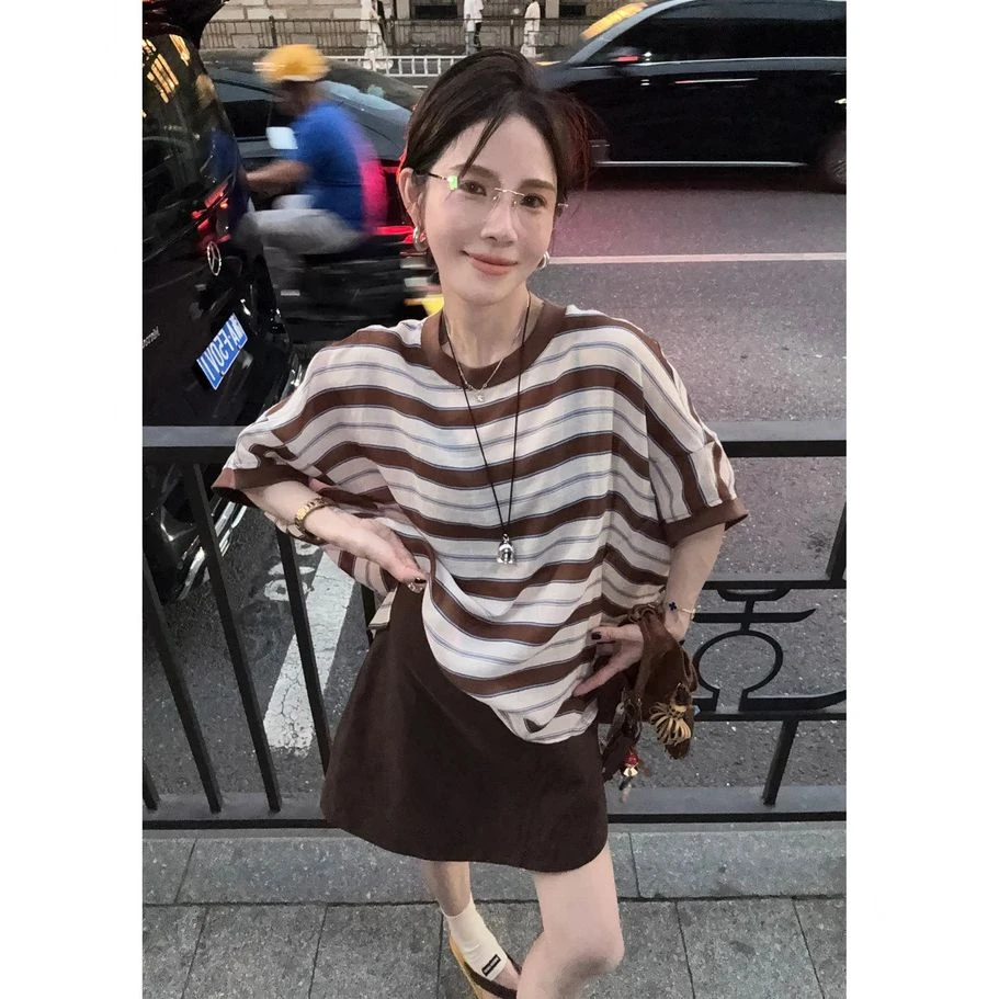M191夏款复古撞色条纹T恤罩衫宽松休闲大版圆领套头防晒上衣女