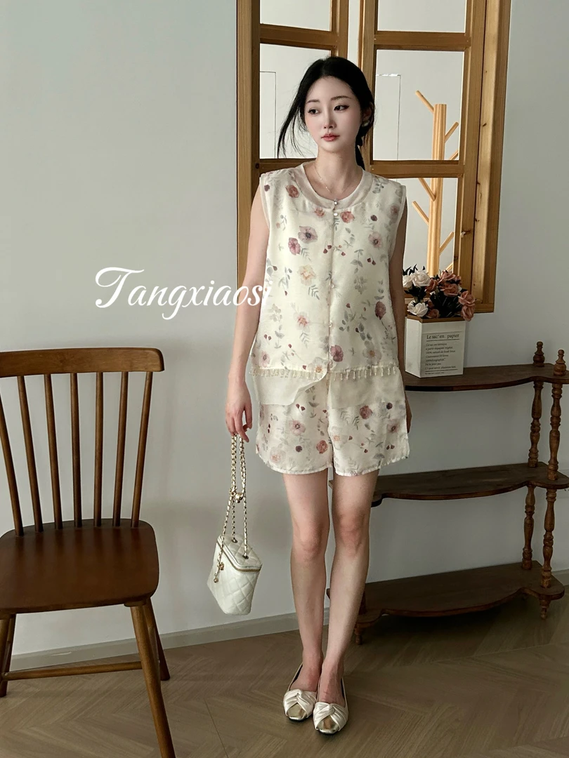 汤小思原创设计2025夏质感高级新中式国风无袖背心短裤钉珠套装