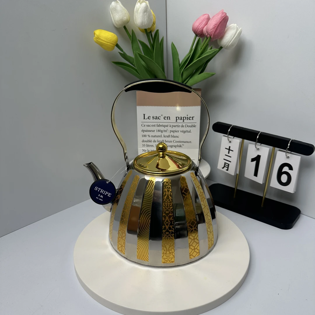 高颜值金银条纹烧水壶加厚复底不锈钢鸣音奶茶壶明火电磁炉通用