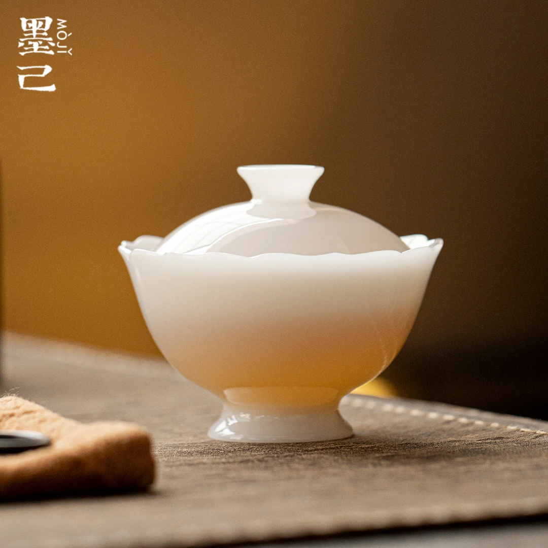 墨己 璞玉茶具冰种羊脂玉瓷高足棱花盖碗家用泡茶碗功夫茶具盖碗