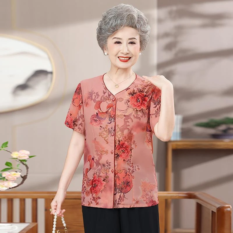 恒源祥彩羊中老年人女装妈妈夏季T恤短袖套装60岁老人衣服奶奶装