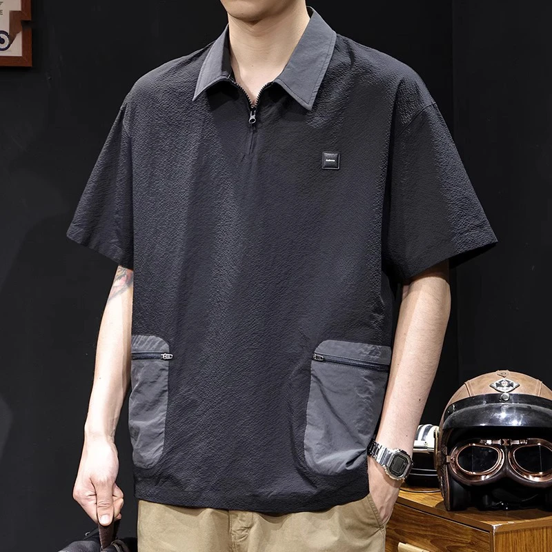 LEIGHZ/雷茨速干短袖t恤男士潮牌大码夏季新款休闲撞色贴袋工装