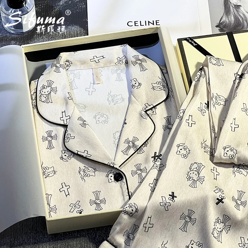 斯服玛《Kitty猫》春秋款轻奢款冰丝睡衣长袖两件套装睡衣家居服女