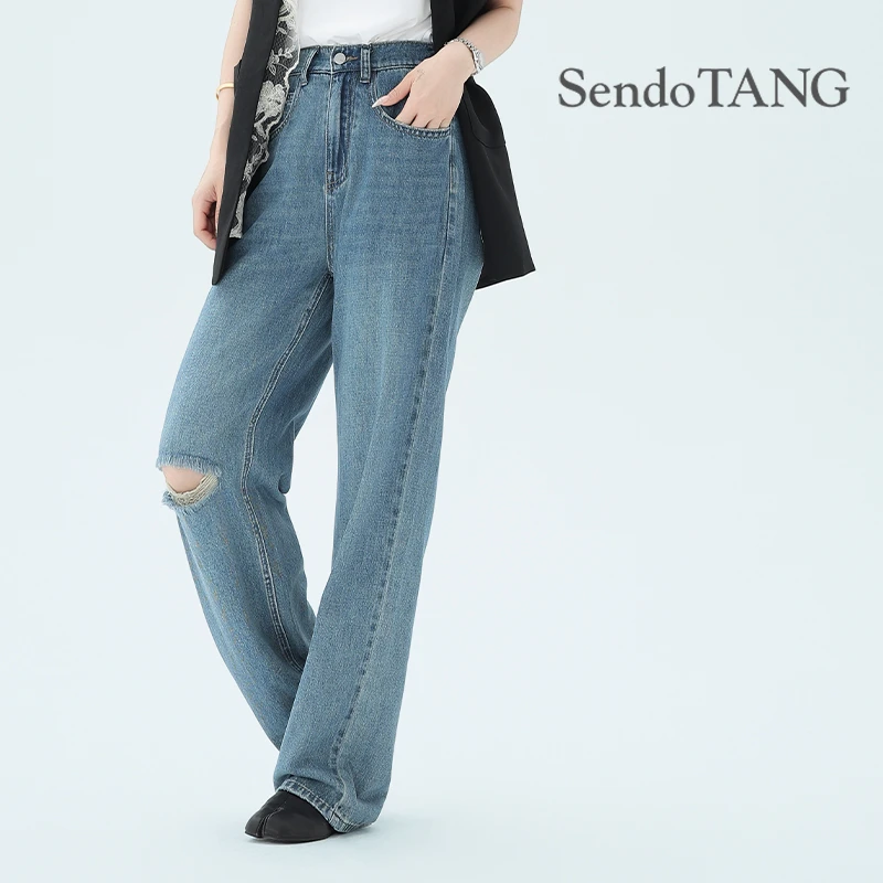 【蓝沙】胖多家时尚百搭女士高腰宽松显瘦高腰牛仔裤