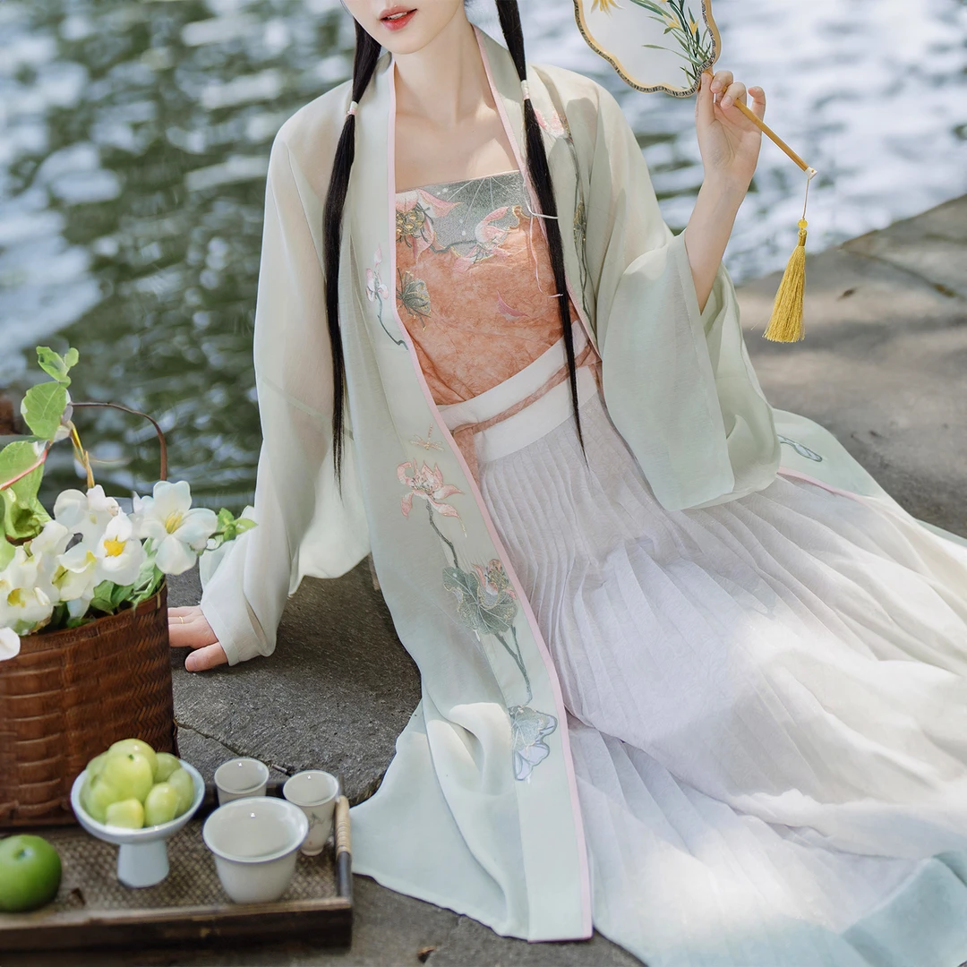 静还决【落雨青荷】原创汉服宋制长褙子吊带百褶裙