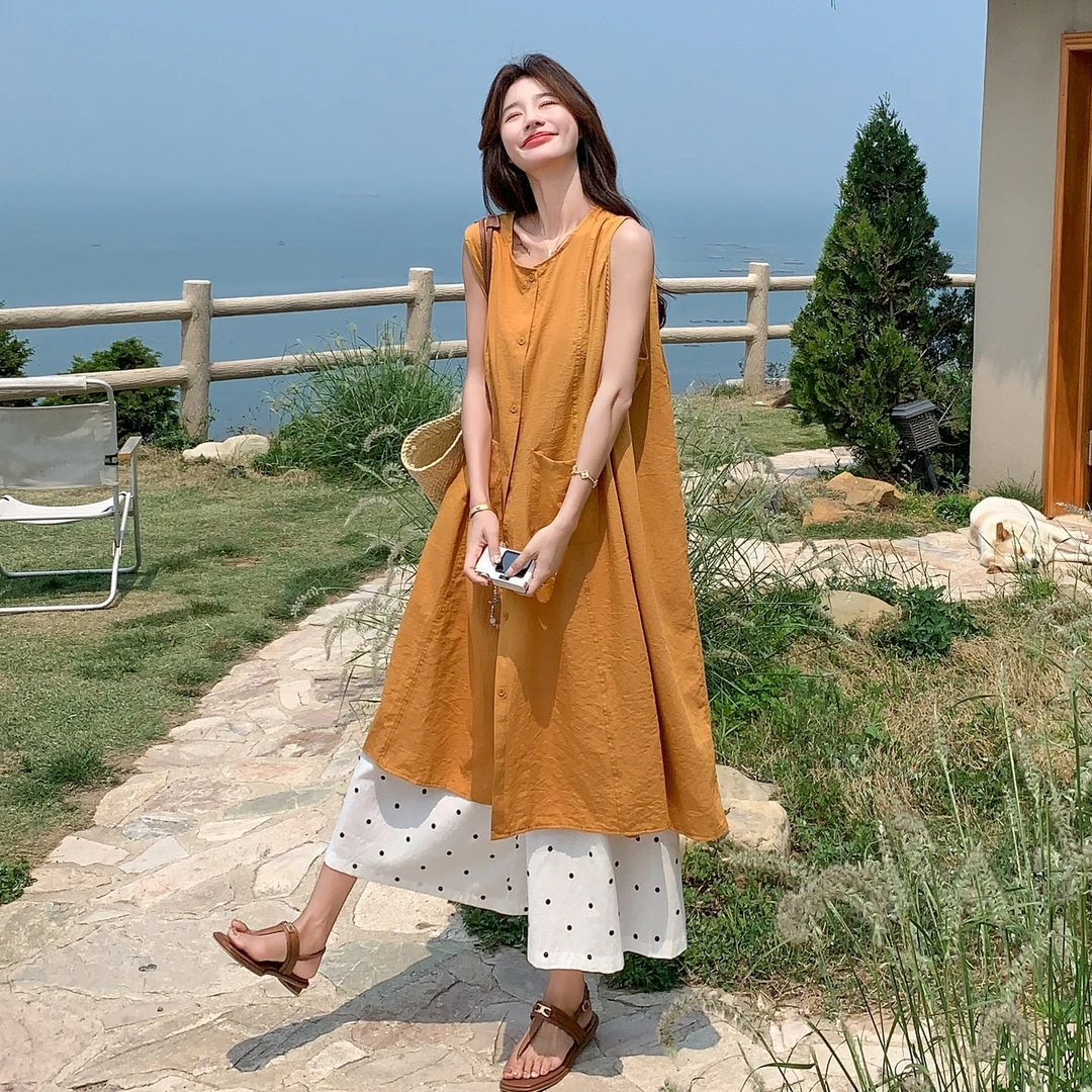 夏日漂亮单排扣无袖背心两件套女夏季宽松慵懒洋气减龄中长款套装