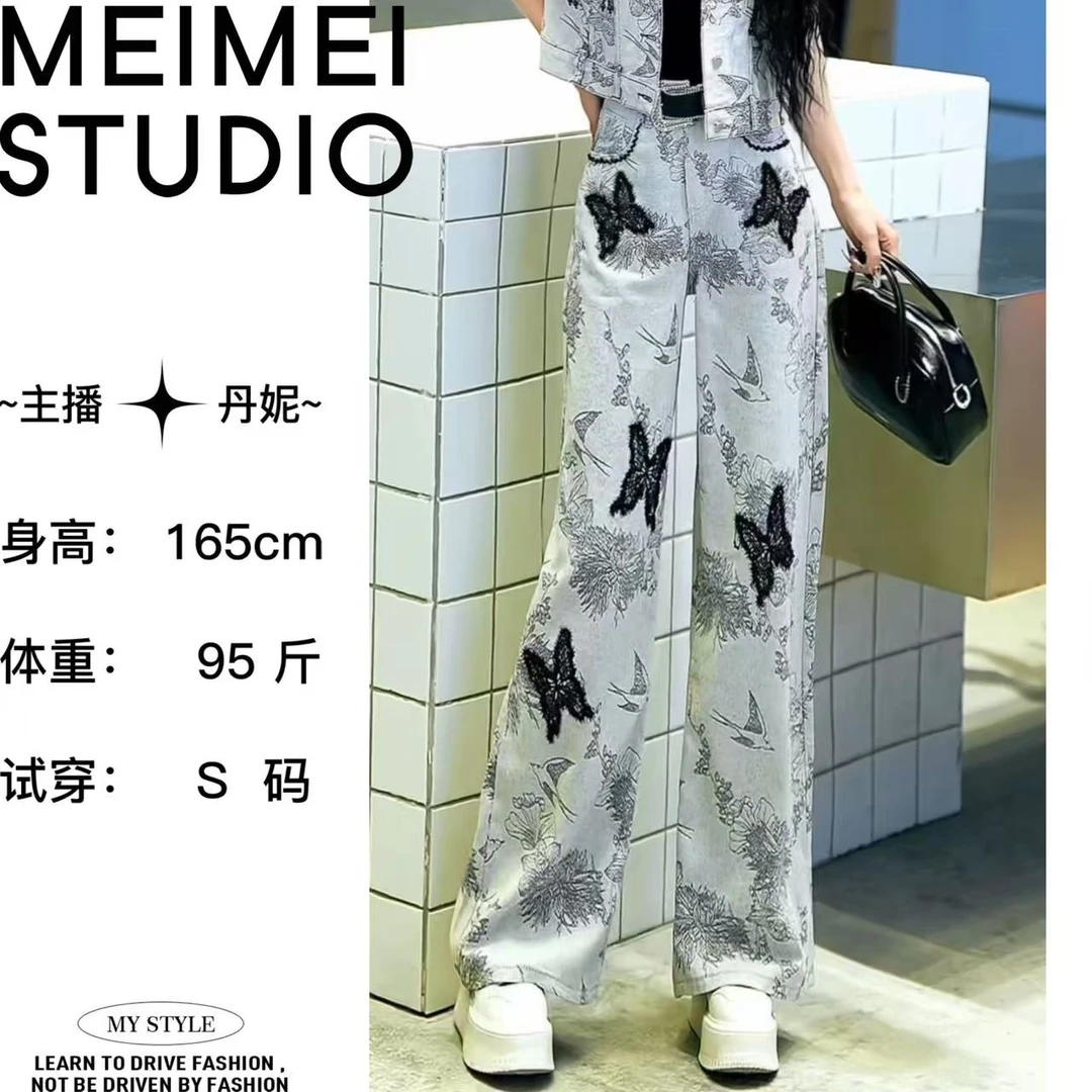 MEIMEI STUDIO【蝴蝶】显瘦阔腿宽松时尚刺绣牛仔裤548-60571864