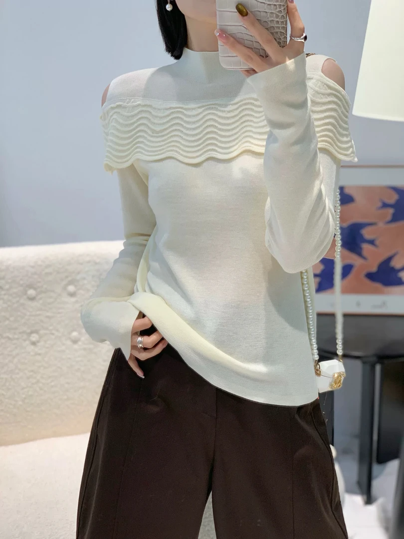 【秋冬新款】MT‘ 波浪纹漏肩毛衣‘  设计感保暖打底时尚百搭修身