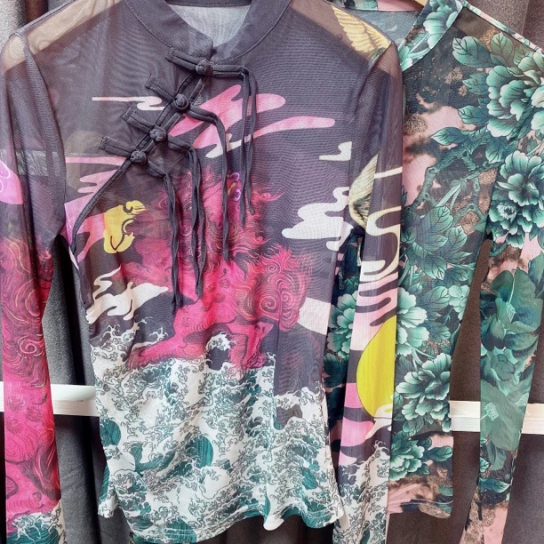 立领盘扣时尚印花网纱长袖上衣-果梓3095