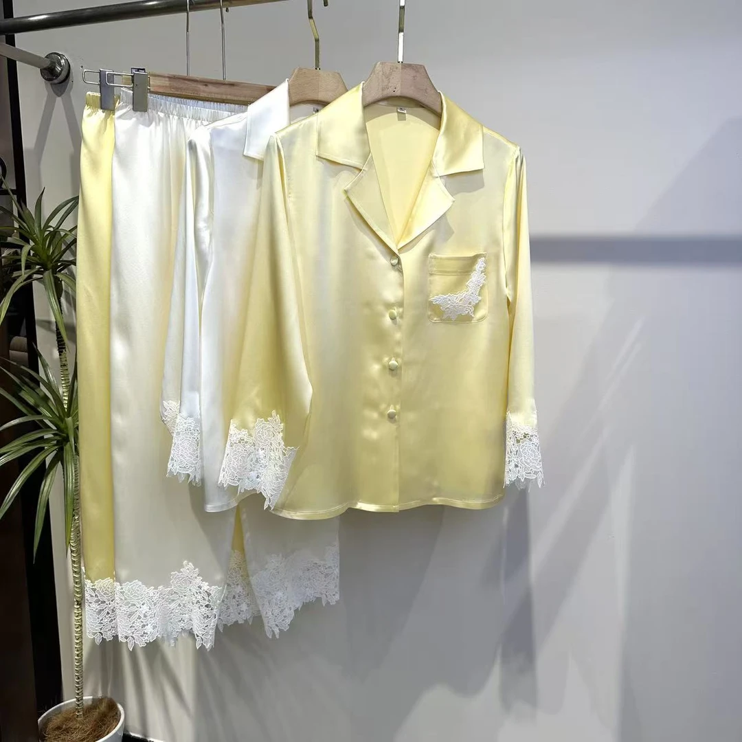 【日月禾】100%桑蚕丝睡衣可外穿真丝套装长袖长裤T2532