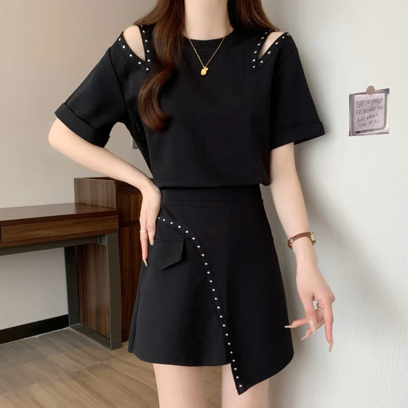 2025夏装新款大码女装微胖mm赫本风休闲时尚设计感短裙两件套