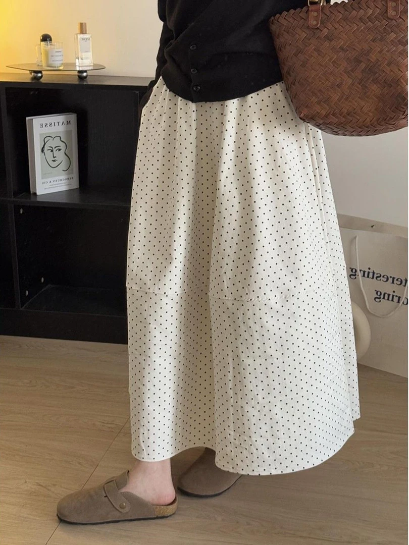 藏青色波点半身裙女2025新款遮胯显瘦气质百搭高腰休闲半身裙子
