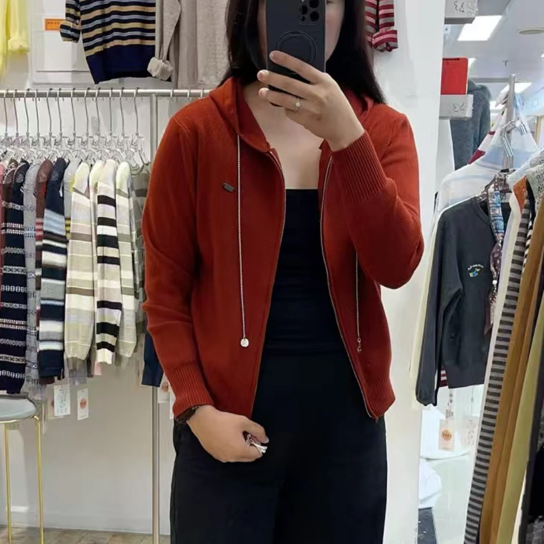韩系双拉链字母连帽针织开衫女2025新款软糯显瘦短款上衣外套