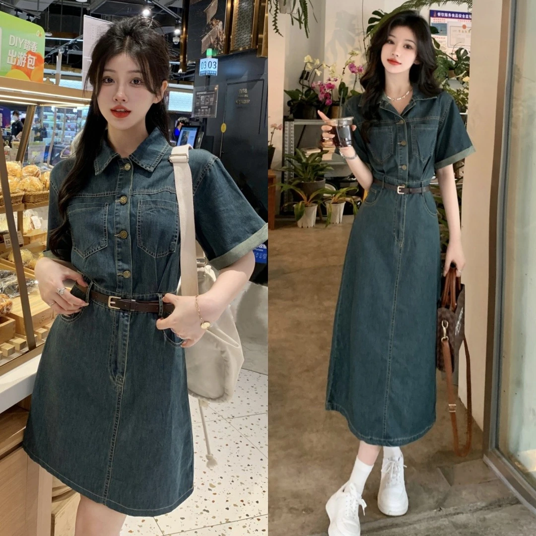 1730复古深蓝色短袖牛仔连衣裙夏季时尚气质小香风收腰显瘦短裙子