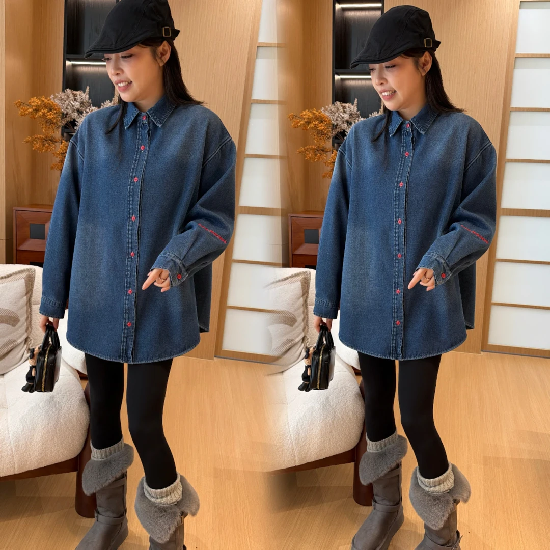 二姐的宝藏冬款时尚百搭休闲刺绣抓绒大版牛仔衬衣#25517